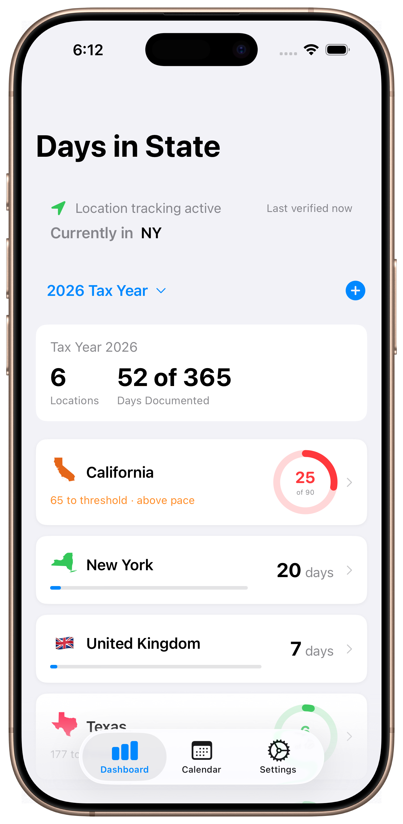 Days in State app showing dashboard with California at 25 days, New York at 20 days, and United Kingdom at 7 days